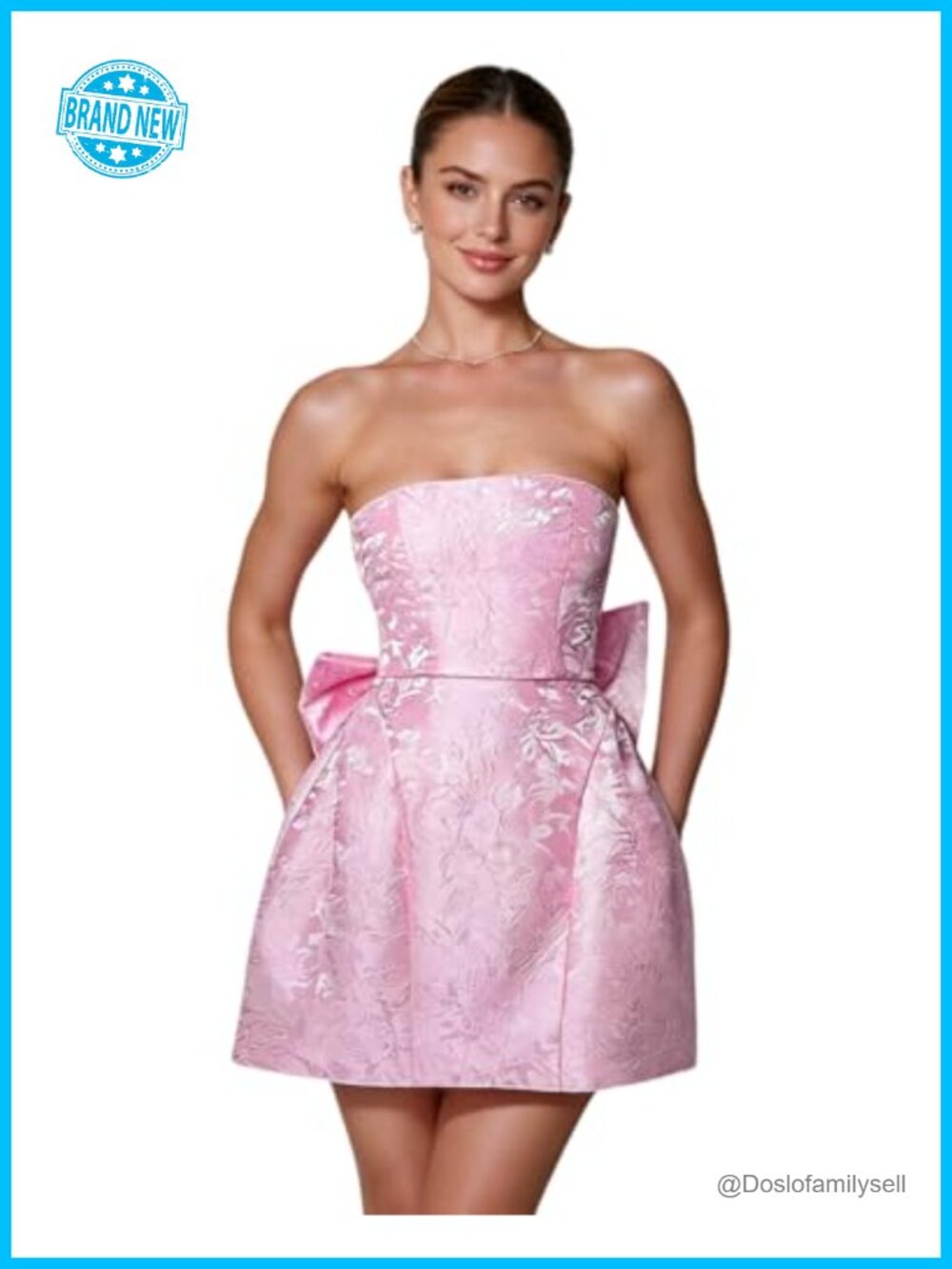 JUMISEE Embroidered Satin Strapless Homecoming Mini Dress Bow A-Line